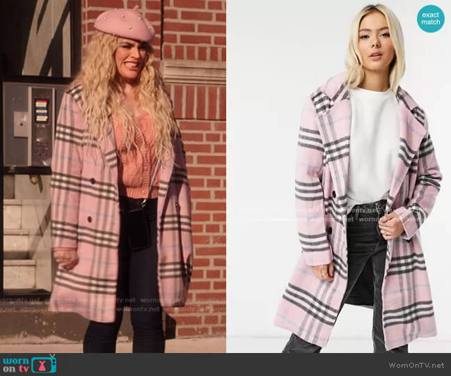 Wednesday's Girl Longline tailored coat in pastel check worn by Summer Dutkowsky (Busy Philipps) on Girls5eva