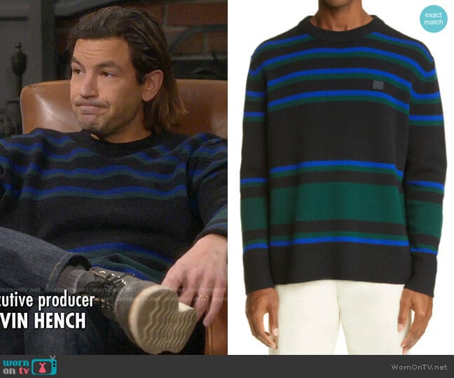 Acne Studios Stripe Face Patch Wool Sweater in Black/Blue worn by Ryan Vogelson (Jordan Masterson) on Last Man Standing
