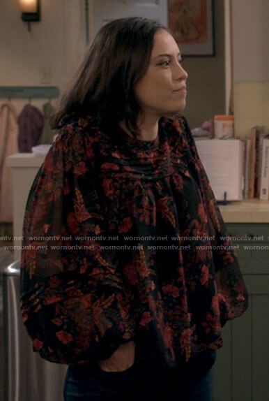 Adriana’s black floral pintuck blouse on B Positive