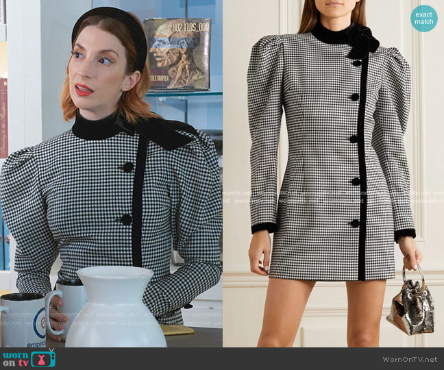 Alessandra Rich Velvet-trimmed Checked Wool-blend Mini Dress worn by Lauren (Molly Bernard) on Younger