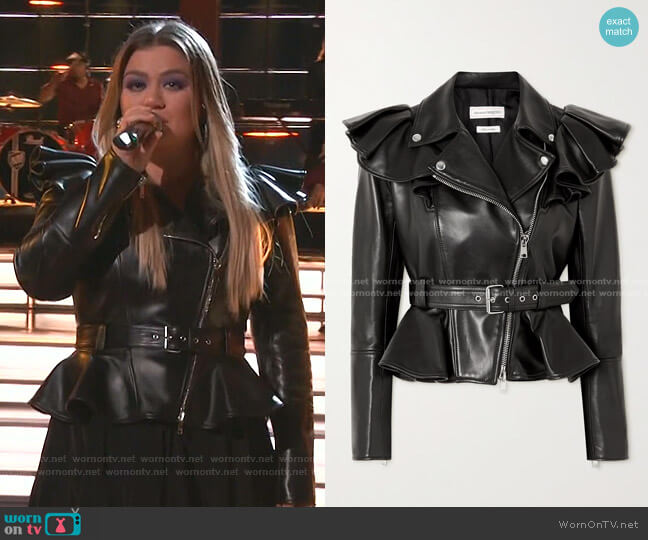 Alexander McQueen Belted Ruffled Leather Biker Jacket worn by Kelly Clarkson on The Voice