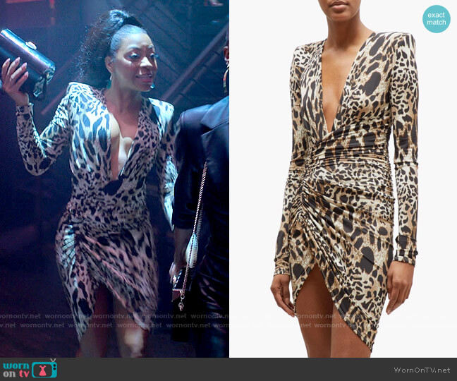 Alexandre Vauthier Plunge-neck lynx-print jersey mini dress worn by Renee Ross (Bresha Webb) on Run the World