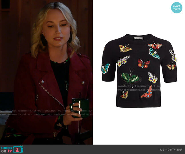 Alice + Olivia Ciara Butterfly Embroidered Sweater worn by Mandy Baxter (Molly McCook) on Last Man Standing