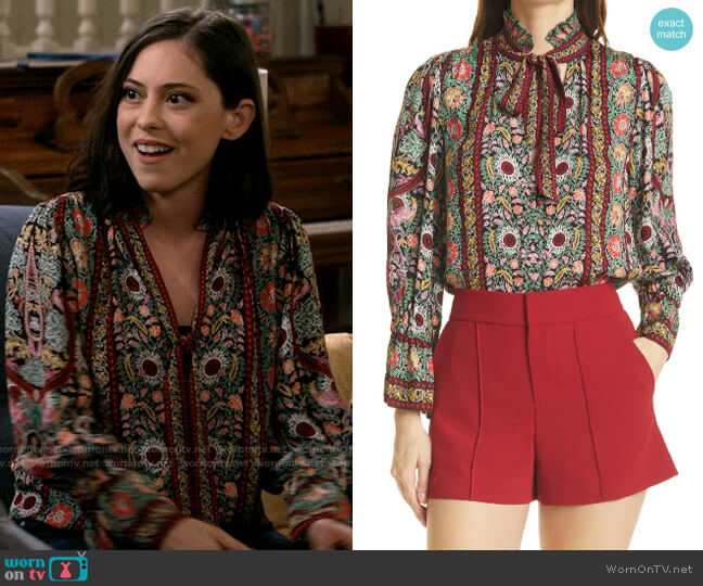 Alice + Olivia Reilly Floral Ruffle Tie Neck Top worn by Adriana (Rosa Salazar) on B Positive