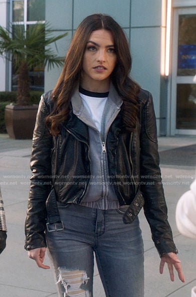 Allegra’s belted leather moto jacket on The Flash
