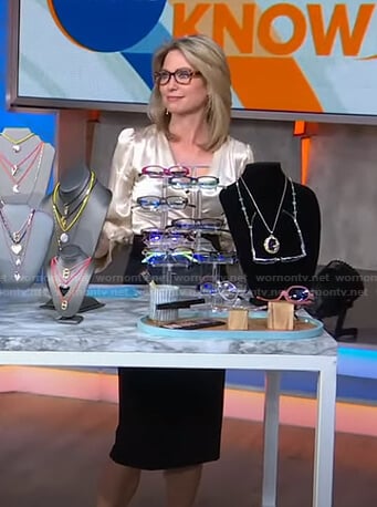 Amy’s satin wrap top and black skirt on Good Morning America