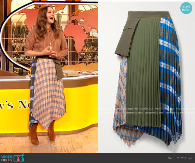 Andersson Bell Paneled asymmetric checked twill, crepe and cotton-canvas skirt worn by Drew Barrymore on The Drew Barrymore Show