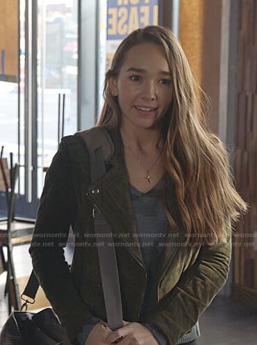 Angelina’s blue camo v-neck sweater and green moto jacket on Manifest