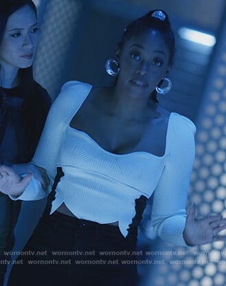 Anissa’s white ribbed sweetheart top on Black Lightning