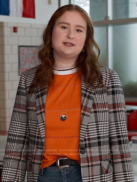 Ashlyn’s orange top and plaid blazer on High School Musical The Musical The Series