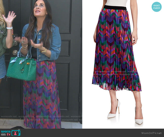 Ba&Sh Paolo Pleated Chevron Midi Skirt worn by Kyle Richards on The Real Housewives of Beverly Hills