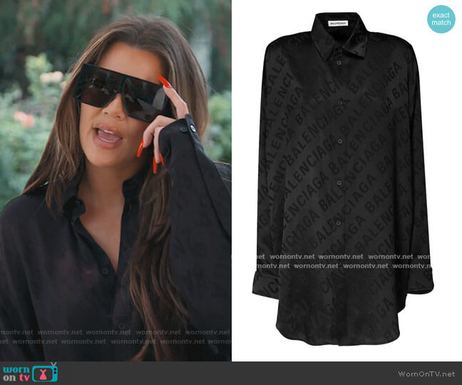 Balenciaga Oversized Logo Jacquard Satin Shirt worn by Khloe Kardashian on Keeping Up with the Kardashians