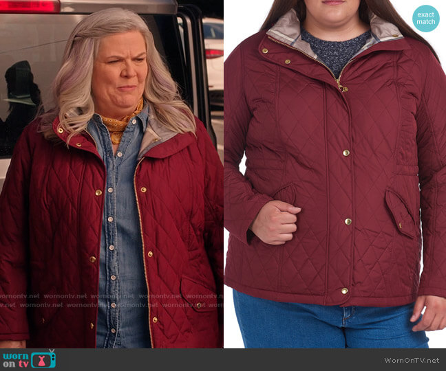 Barbour Millfire Hooded Quilted Coat in Garnet worn by Gloria McManus (Paula Pell) on Girls5eva