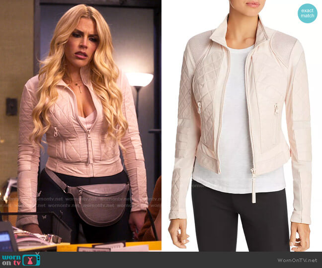 Blanc Noir Leather & Mesh Moto Jacket in Pale Pink worn by Summer Dutkowsky (Busy Philipps) on Girls5eva
