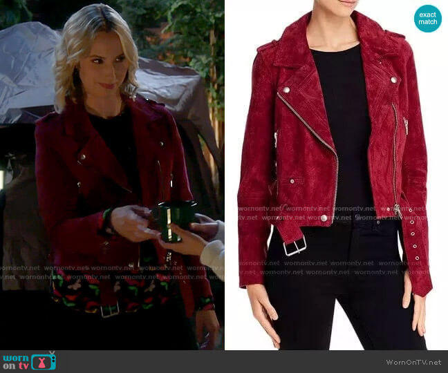 Blank NYC Suede Moto Jacket in Rich Berry worn by Mandy Baxter (Molly McCook) on Last Man Standing