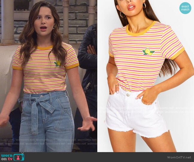 Boohoo Lemon Stripe Ringer T-shirt worn by Lex (Jules LeBlanc) on Side Hustle