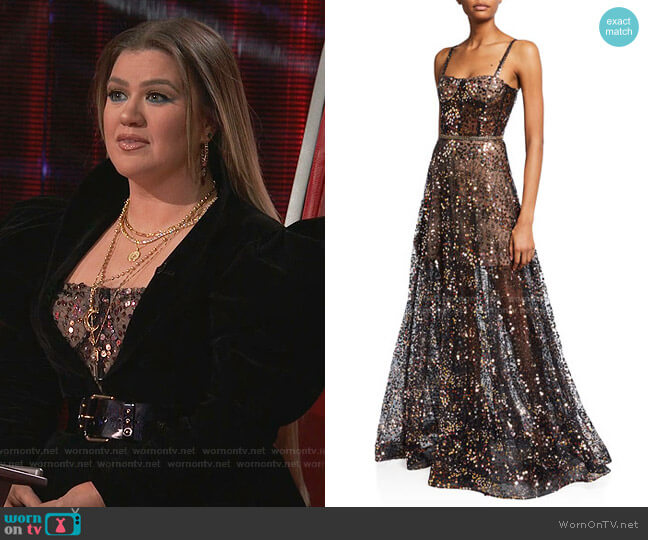 Bronx and Banco Midnite Noir Sequin Embellished Gown worn by Kelly Clarkson on The Voice