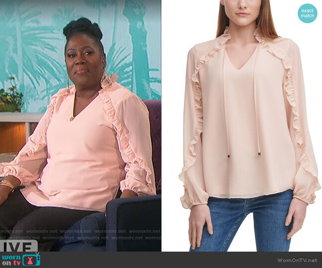 Calvin Klein Ruffled Sheer-Sleeve Top worn by Sheryl Underwood on The Talk
