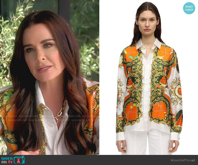 Casablanca Les Parfums Print Silk Shirt worn by Kyle Richards on The Real Housewives of Beverly Hills