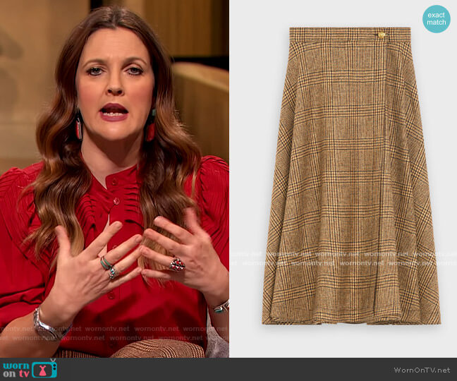 Celine 70's check midi skirt worn by Drew Barrymore on The Drew Barrymore Show