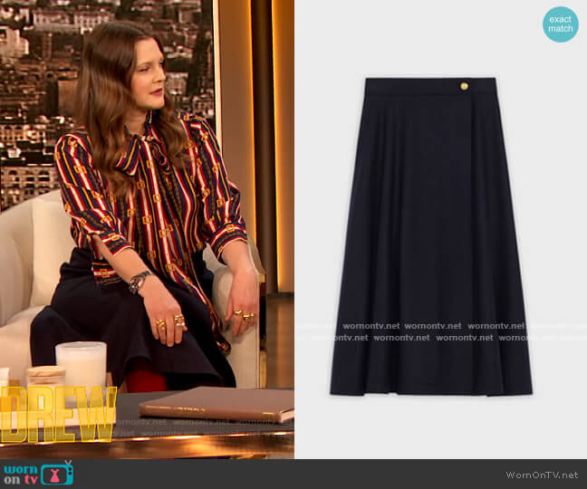Celine Midi Skirt in wool flannel worn by Drew Barrymore on The Drew Barrymore Show