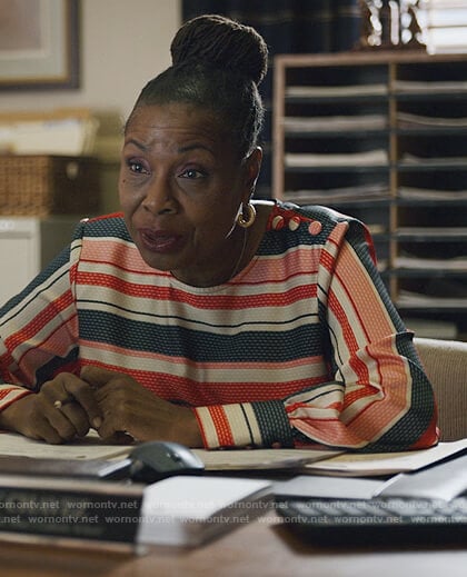 Cindy’s stripe button shoulder blouse on Good Girls