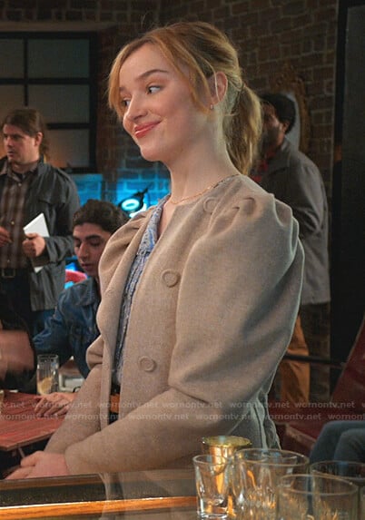 Clare’s beige puff sleeve coat on Younger