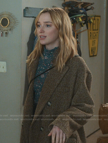 Clare’s green floral top and brown herringbone coat on Younger