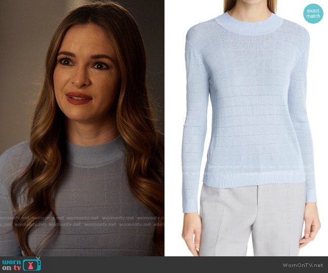 Club Monaco Everywear Crewneck Sweater in Blue worn by Caitlin Snow (Danielle Panabaker) on The Flash