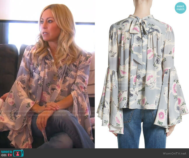 Co Flutter Sleeve Floral Print Silk Blouse worn by Sutton Stracke on The Real Housewives of Beverly Hills