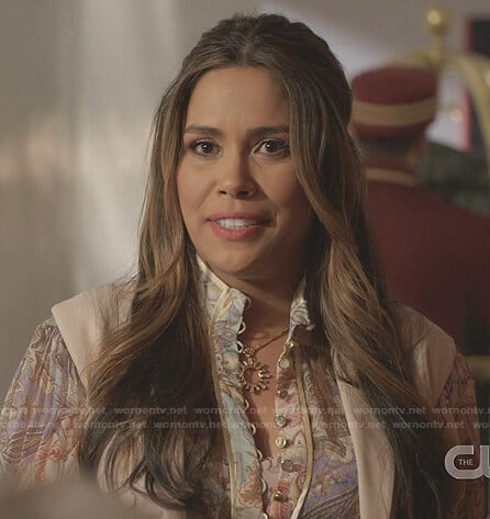 Cristal’s printed dress and pink coat on Dynasty