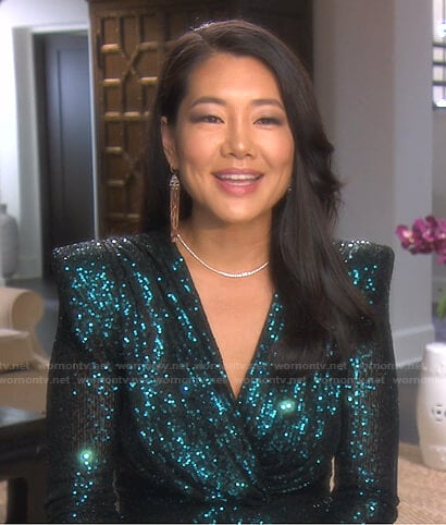 Crystal’s green sequin plunge neck dress on The Real Housewives of Beverly Hills