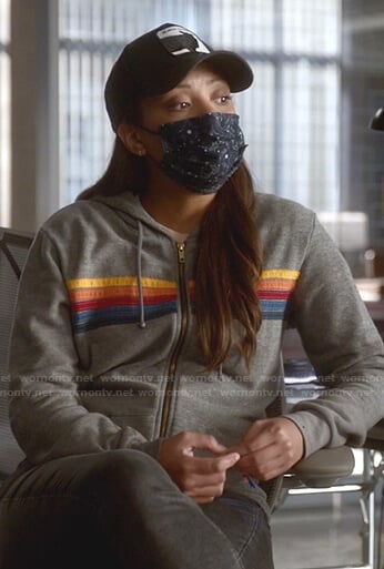 Danny’s grey zip front hoodie with rainbow stripes on Bull