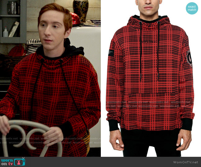 Dipolmacy The Red Hood Colorblocked Houndstooth Plaid Patch Hoodie worn by Big Red (Larry Saperstein) on High School Musical The Musical The Series