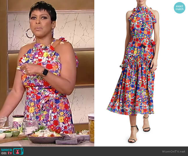 Borgo de Nor Dora Ruffle Neck Floral A-Line Midi Dress worn by Tamron Hall on Tamron Hall Show