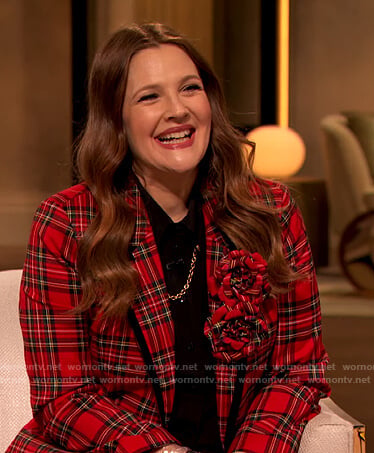 Drew’s red plaid blazer and chain embellished blouse on The Drew Barrymore Show