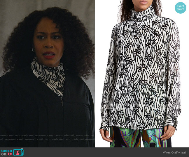 Dries Van Noten Contisy Floral Velvet Turtleneck Top worn by Lola Carmichael (Simone Missick) on All Rise
