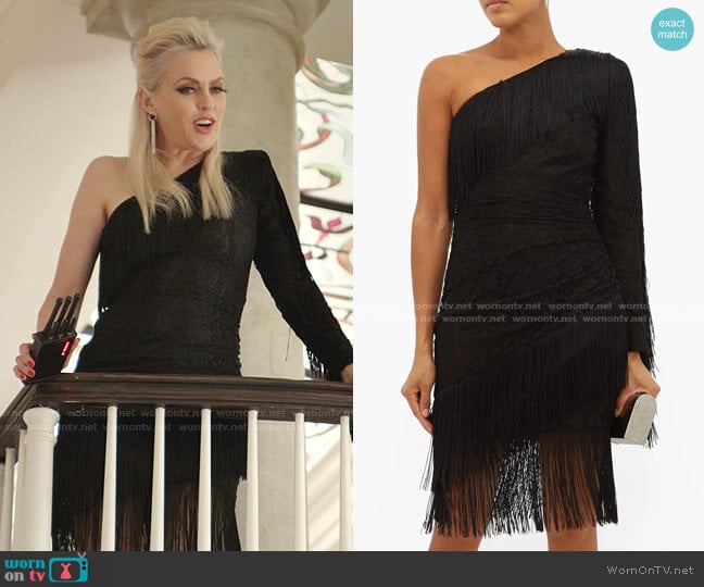 Dundas Fringed One-Shoulder Lace Mini Dress worn by Alexis Carrington (Elaine Hendrix) on Dynasty