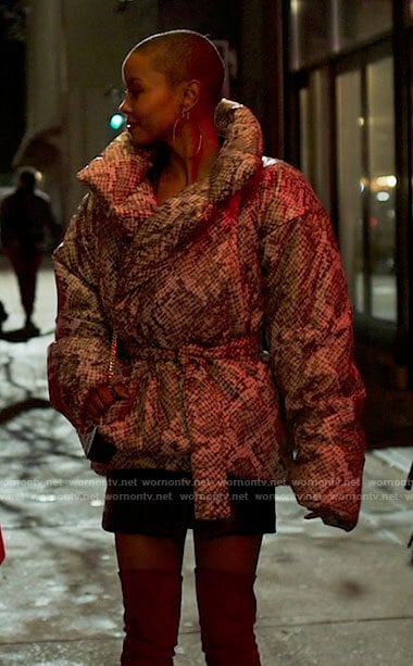 Ella’s snake print puffer jacket on Run the World