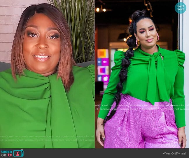 Eloquii Tie Neck Bow Blouse worn by Loni Love on The Real