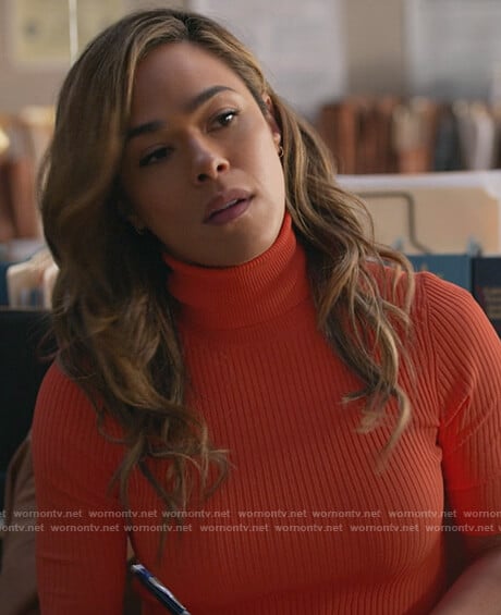 Emily’s orange ribbed turtleneck dress on All Rise