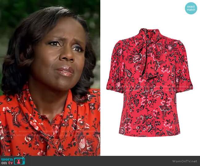 Erdem Tie-Neck Floral-Print Top worn by Deborah Roberts on Good Morning America