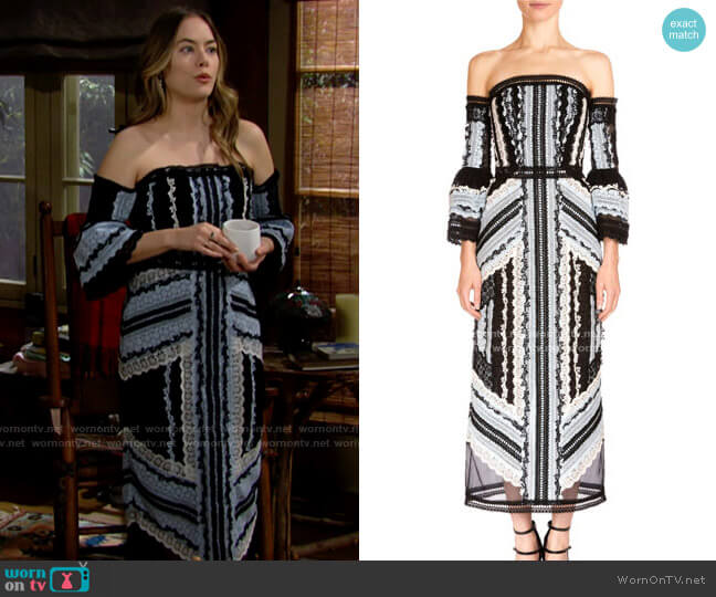Erdem Sissy Exposed Shoulder Midi Dress worn by Hope Logan (Annika Noelle) on The Bold and the Beautiful