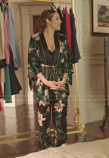 Fallon’s black lily print robe and pants on Dynasty