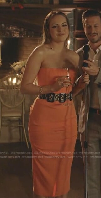Fallon’s orange strapless dress on Dynasty