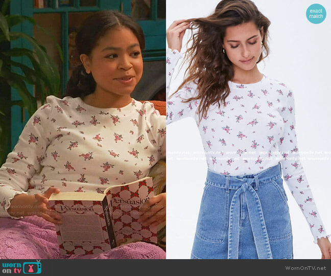 Forever 21 Floral Print Lettuce-Edge Tee worn by Nia Baxter (Navia Robinson) on Ravens Home