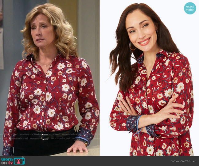 Foxcroft Lauren Shirt in Mum Red worn by Vanessa Baxter (Nancy Travis) on Last Man Standing