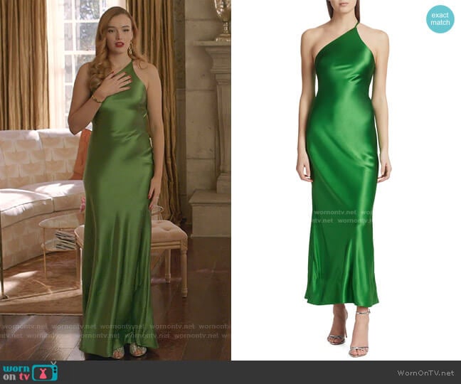 Galvan Roxy One-Shoulder Satin Dress worn by Kirby Anders (Maddison Brown) on Dynasty
