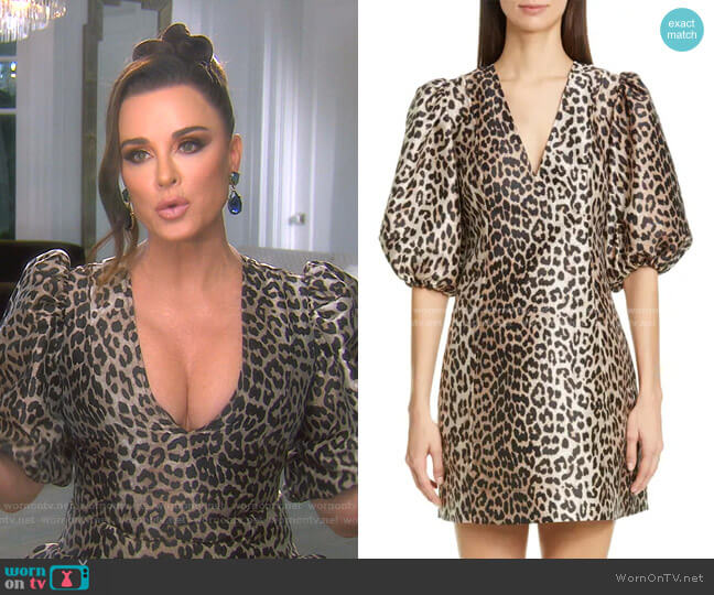 Ganni Leopard Jacquard Puff Sleeve Minidress worn by Kyle Richards on The Real Housewives of Beverly Hills