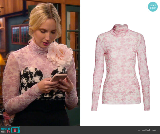 Ganni Printed Mesh Turtleneck Top in Sweet Lilac worn by Mandy Baxter (Molly McCook) on Last Man Standing